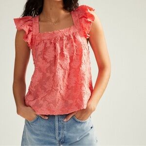 Anthropologie Pink Textured Blouse with Flutter Sleeves